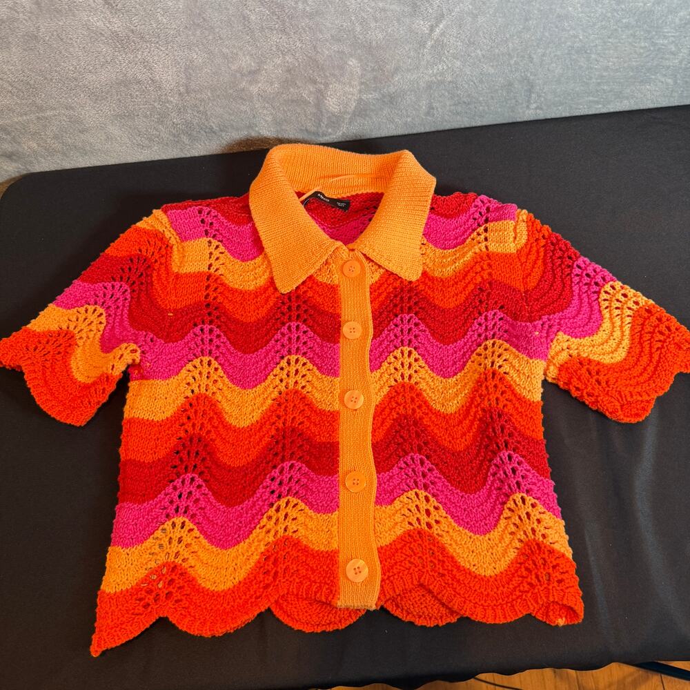 Mango Retro Crochet Wave Knit Cardigan Colorful Button Front Large